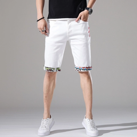 Short en Jean Blanc pour Homme en Coton avec Broderie et Imprimé Ethnique Été Décontracté Coupe Droite Longueur Genou