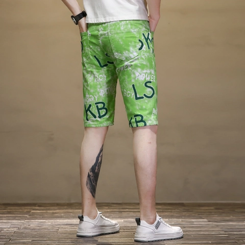 Men Casual Summer Thin Elastic Straight Denim Shorts Tie Dye Letter Print Streetwear Fashion Beach Pants