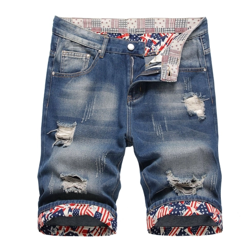 Pantalones Cortos de Mezclilla Rotos para Hombre Algodón Desgastado Pierna Recta Con Forro Estampado Bandera Americana Streetwear Verano Casual Pantalones para Hombre