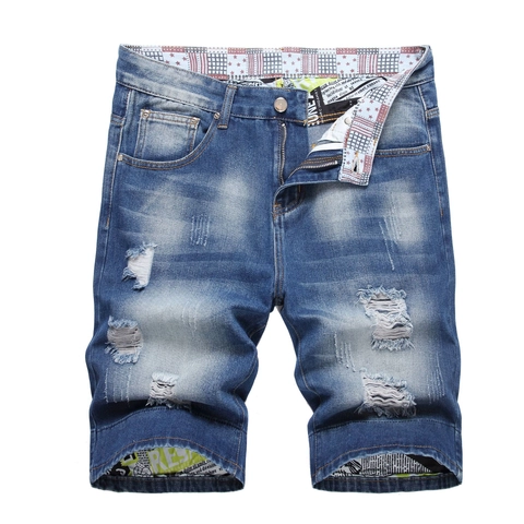 Heren Denim Shorts Gescheurd Distressed Gewassen Blauw Katoen Shorts Straight Fit Streetwear Casual Korte Jeans