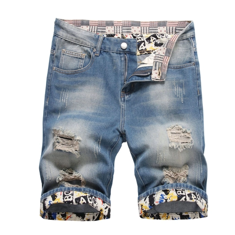 Herren Distressed Ripped Denim Shorts Mit Graffiti Saumfutter Gerades Bein Mittlere Taille Gewaschener Baumwoll Denim Sommer Streetwear