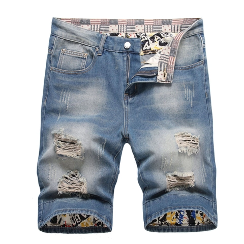 Herren Distressed Ripped Denim Shorts Mit Graffiti Saumfutter Gerades Bein Mittlere Taille Gewaschener Baumwoll Denim Sommer Streetwear