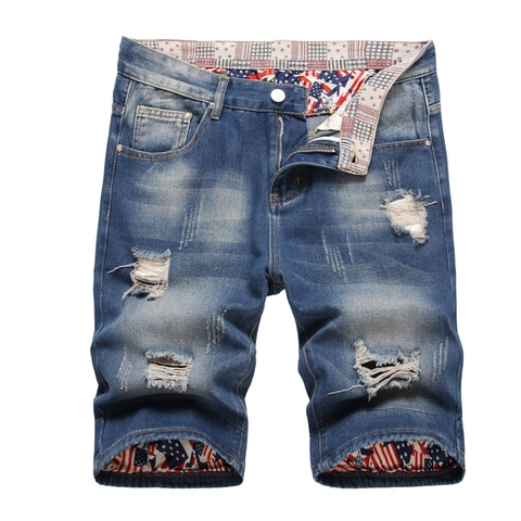 Men Denim Shorts Distressed Ripped With American Flag Pattern Lining Mid Waist Summer Casual Straight Leg Jean Shorts