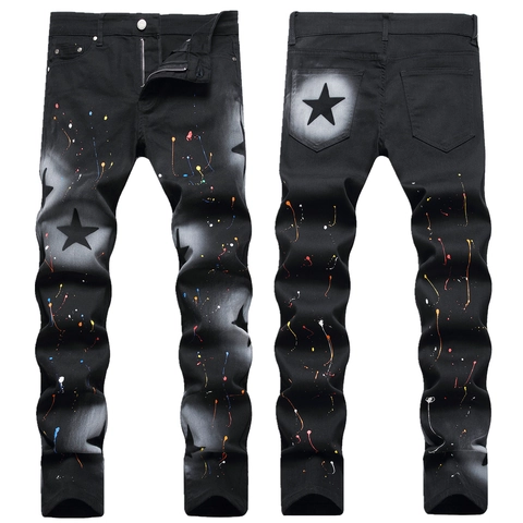 Herren Streetwear Schwarze Denim Jeans Bunte Farbspritzer Pentagramm Druck Slim Straight Stretch Casual Hose Für Männer