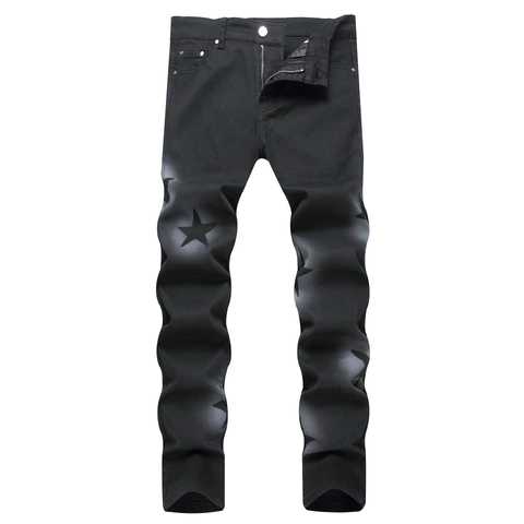 Heren Zwart Slim Straight Jeans Ster Print Spuitverf Effect Elastische Denim Broek Streetwear Casual Broeken Voor Heren