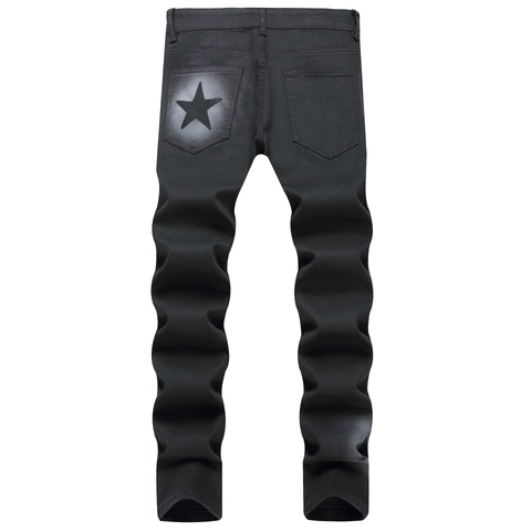 Heren Zwart Slim Straight Jeans Ster Print Spuitverf Effect Elastische Denim Broek Streetwear Casual Broeken Voor Heren