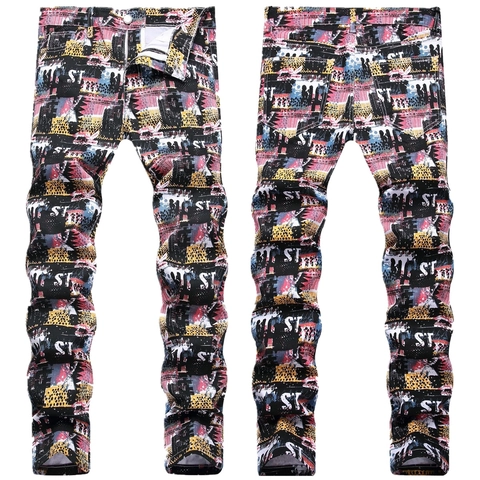 Jeans en Denim pour Hommes avec Imprimé Graffiti Slim Fit Stretch Streetwear Pantalons Décontractés Multicolore Hip Hop Mode