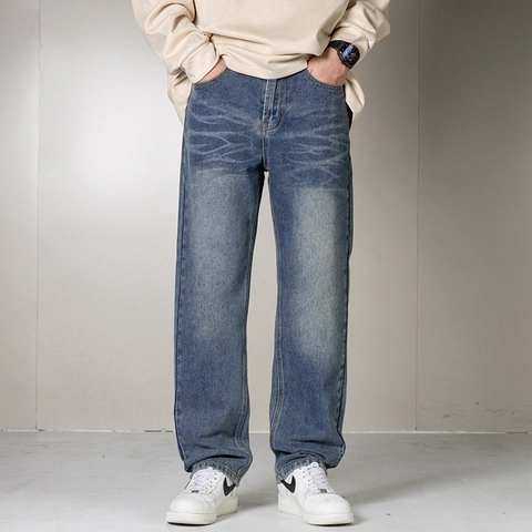 Vaqueros de Mezclilla de Pierna Recta para Hombre Streetwear Cintura Media Lavado Azul Bigotes Casual Corte Suelto Pantalones