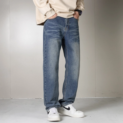 Vaqueros de Mezclilla de Pierna Recta para Hombre Streetwear Cintura Media Lavado Azul Bigotes Casual Corte Suelto Pantalones