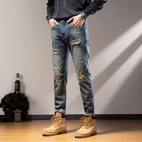 Jeans Distressed Slim Fit da Uomo in Misto Cotone Denim Strappati Patchwork Stelle Croci Lavati Streetwear Retrò Blu