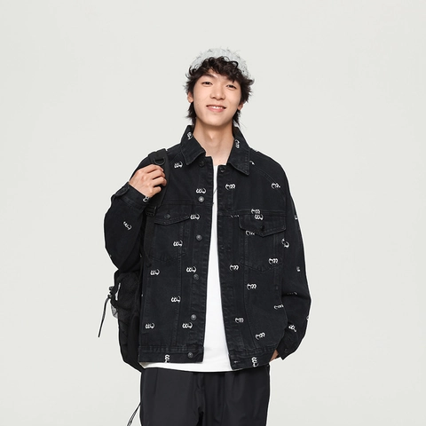 Heren Denim Jas Katoenmix Lange Mouw Allover Letter Print Revers Straatstijl Herfst Mode Outwear Voor Mannen