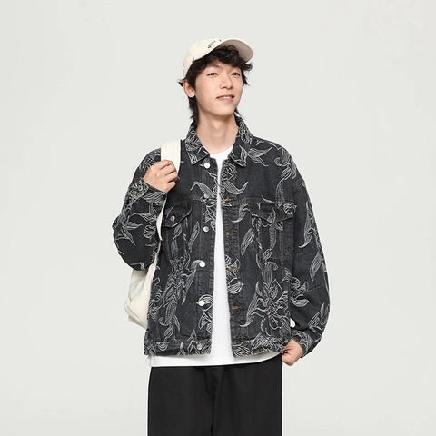 Men's Vintage Floral Embroidery Denim Jacket Cotton Streetwear Lapel Single Breasted Long Sleeve Casual Outerwear Fashion