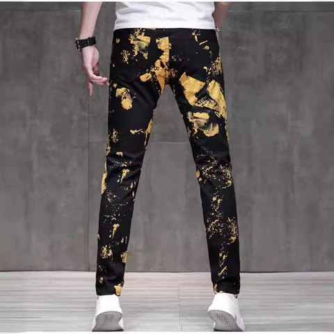 Herren Trendy Slim Fit Denim Jeans Mit Goldenen Farbspritzern Stretch Mittlere Taille Karottenhose Lange Streetwear Hose