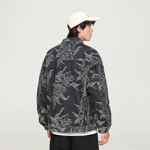 Men's Vintage Floral Embroidery Denim Jacket Cotton Streetwear Lapel Single Breasted Long Sleeve Casual Outerwear Fashion