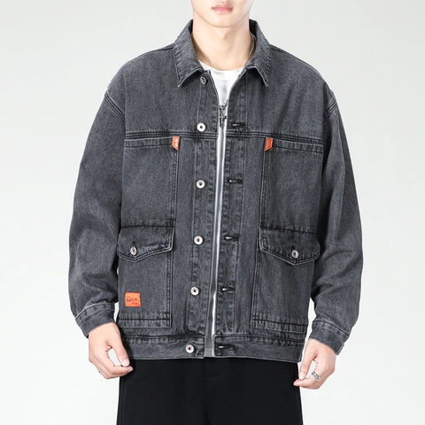 Veste en Jean Lavée Slim Fit pour Hommes Style Workwear Multi Poches Manches Longues Boutonnage Simple Manteau en Denim