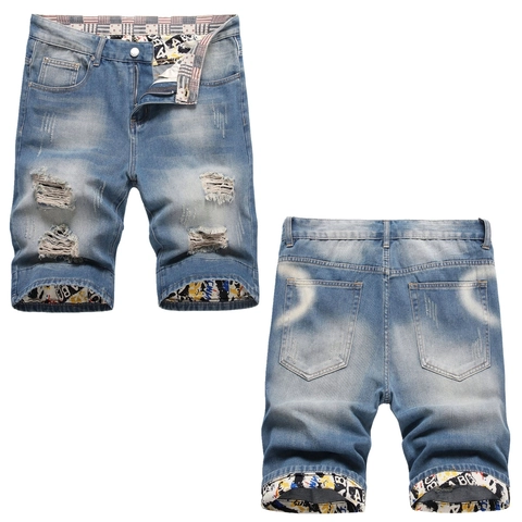 Herren Streetwear Zerrissene Denim Shorts Distressed Baumwollmischung Straight Fit Mid Waist Jeans Graffiti Print
