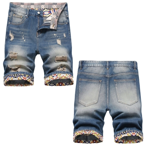 Short en Jean Distressed pour Hommes Déchiré Délavé Bleu Avec Doublure Imprimée Géométrique Streetwear Vintage Décontracté