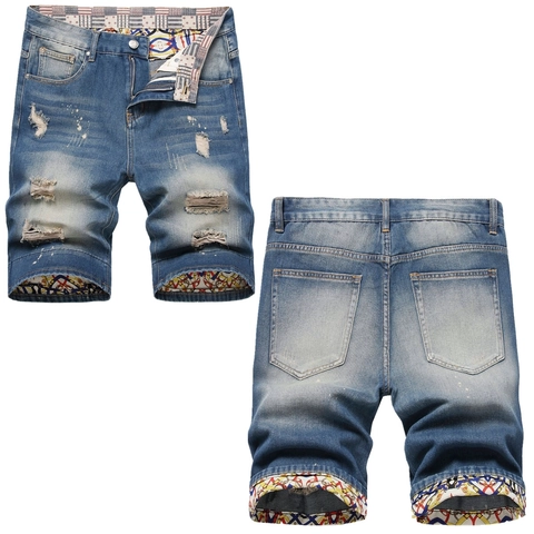Short en Jean Distressed pour Hommes Déchiré Délavé Bleu Avec Doublure Imprimée Géométrique Streetwear Vintage Décontracté