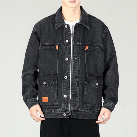Veste en Jean Lavée Slim Fit pour Hommes Style Workwear Multi Poches Manches Longues Boutonnage Simple Manteau en Denim