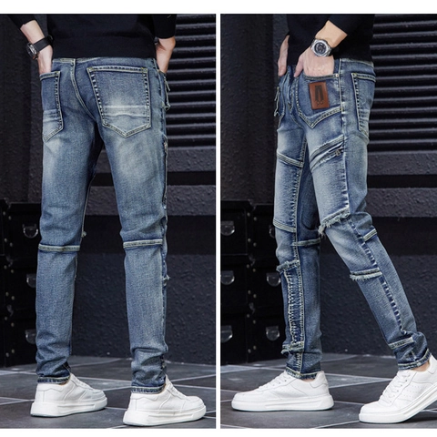 Heren Slim Distressed Jeans Met Patchwork Detail Versleten Trendy Blauw Gewassen Denim Lange Broek Voor Daily Casual Streetwear