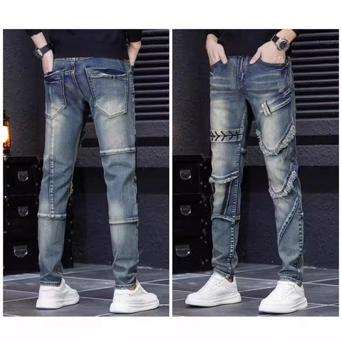 Vaqueros de Denim con Retazos para Hombre Ajustados Rotos Streetwear Pantalones de Denim Azul Lavado Hip Hop Spliced Tassel