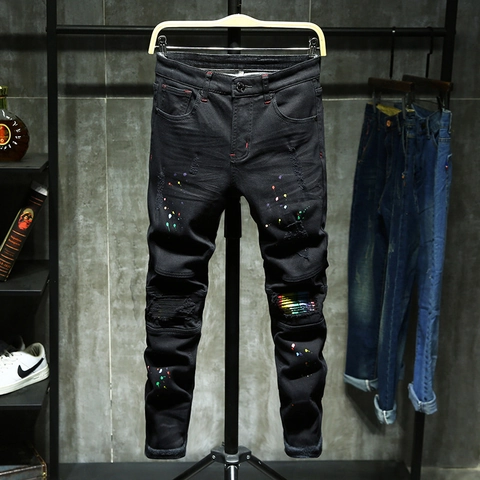 Herren Slim Fit Schwarz Jeans Fleece Gefüttert Denim Stoff Regenbogen Patch Und Farbspritzer Design Streetwear Hosen