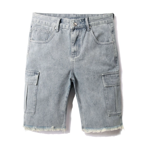 Pantalones Cortos Cargo de Mezclilla Sueltos para Hombre Azul Claro Lavado Mezcla de Algodón Dobladillo Deshilachado Casual