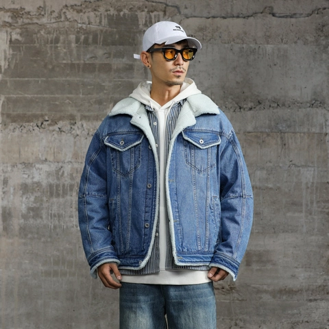 Giacca di Jeans da Uomo Con Calda Fodera in Sherpa Fleece Cappotto Invernale Spesso Colletto Rovesciato Tasche Streetwear