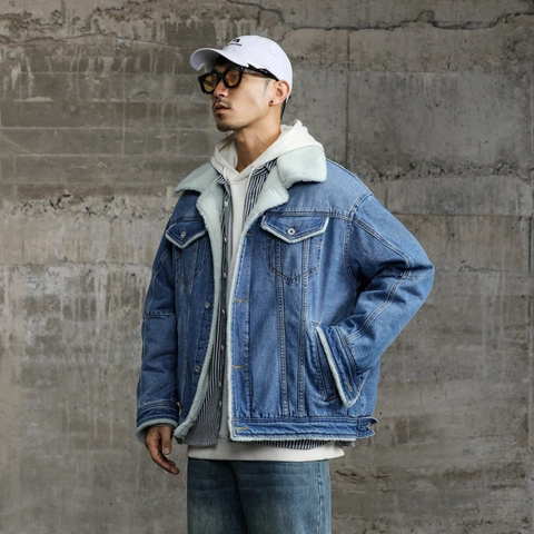 Giacca di Jeans da Uomo Con Calda Fodera in Sherpa Fleece Cappotto Invernale Spesso Colletto Rovesciato Tasche Streetwear