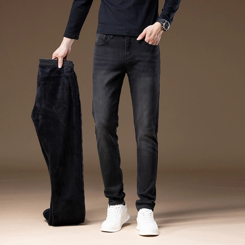 Herren Slim Fit Winter Warm Fleece Gefüttert Denim Jeans Dunkelgrau Gewaschen Gerade Bein Lässig Dicke Thermohose