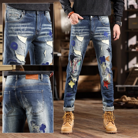 Jeans da Uomo Stile Street Retrò Strappati con Toppe Slim Fit in Misto Cotone Denim Pantaloni Lunghi Casual