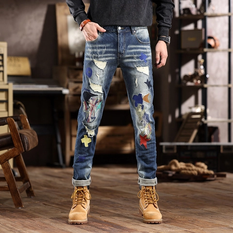 Jeans da Uomo Stile Street Retrò Strappati con Toppe Slim Fit in Misto Cotone Denim Pantaloni Lunghi Casual
