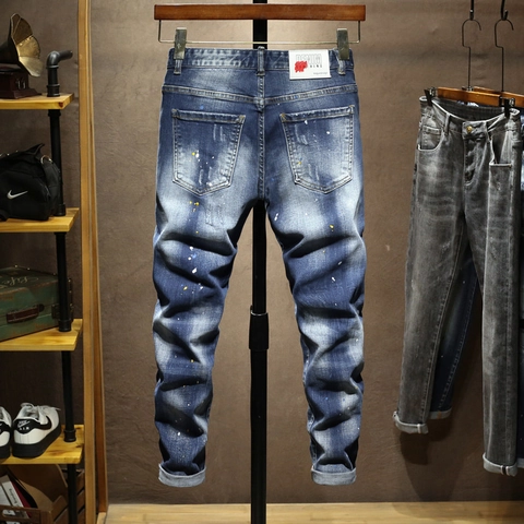 Herren Vintage Blau Ripped Farbspritzer Slim Fit Jeans Distressed Denim Streetwear Hose Für Casual Daily Outfits Fashion Youth