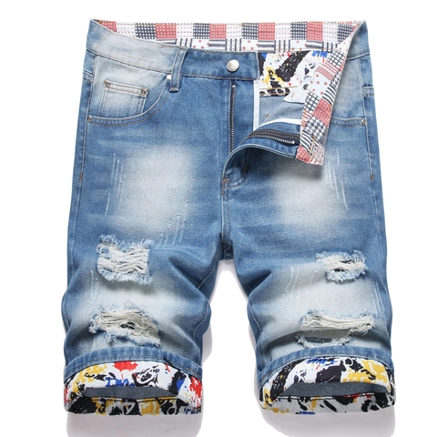 Men Streetwear Washed Ripped Denim Shorts Light Blue Distressed Jeans Shorts With Graffiti Printed Lining Straight Leg Cuffed Shorts For Summer Casual Daily