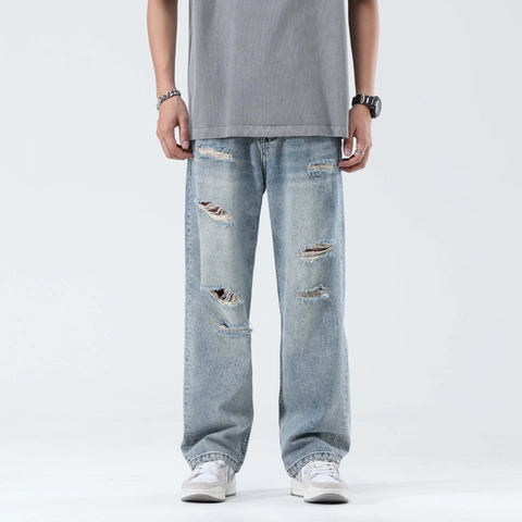 Men Light Blue Washed Ripped Jeans Loose Straight Leg Denim Pants Casual Streetwear Distressed Trousers For Men