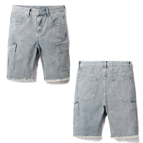 Pantalones Cortos Cargo de Mezclilla Sueltos para Hombre Azul Claro Lavado Mezcla de Algodón Dobladillo Deshilachado Casual