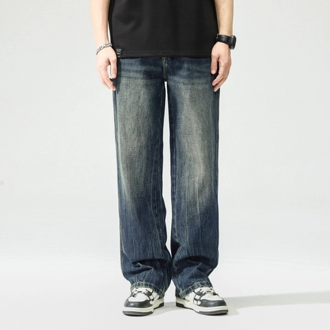 Vaqueros Rotos Vintage Azul Oscuro para Hombre Lavado Intenso Pantalones de Mezclilla de Corte Recto Holgado Streetwear Casual Cintura Media