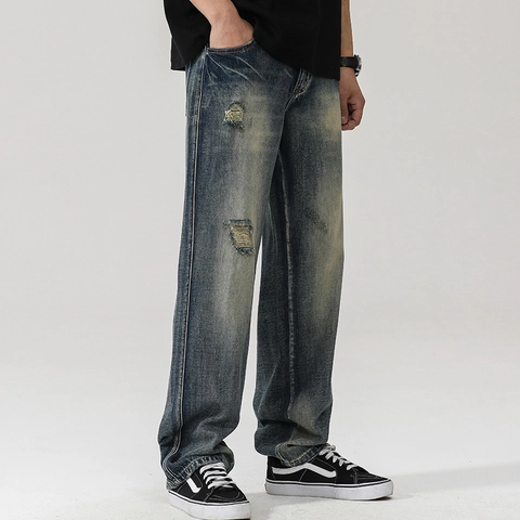 Men Vintage Washed Ripped Jeans Retro Loose Straight Leg Denim Pants Distressed Baggy Streetwear Polyester Trousers