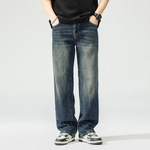 Vaqueros Rotos Vintage Azul Oscuro para Hombre Lavado Intenso Pantalones de Mezclilla de Corte Recto Holgado Streetwear Casual Cintura Media