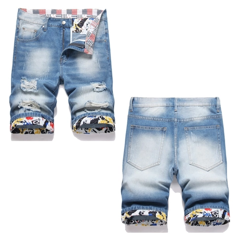 Men Streetwear Washed Ripped Denim Shorts Light Blue Distressed Jeans Shorts With Graffiti Printed Lining Straight Leg Cuffed Shorts For Summer Casual Daily