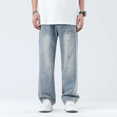 Heren Trendy Inktspatten Lichtblauw Gewassen Jeans Rechte Pasvorm Loose Wide Leg Casual Denim Lange Broek Koreaanse Mode