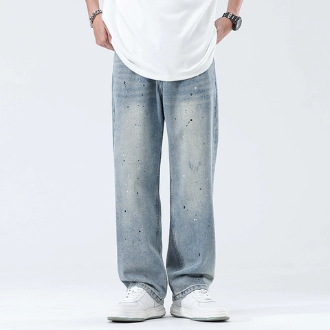 Heren Trendy Inktspatten Lichtblauw Gewassen Jeans Rechte Pasvorm Loose Wide Leg Casual Denim Lange Broek Koreaanse Mode