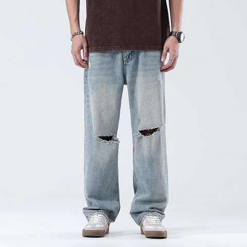 Jeans Déchirés Droits Amples de Style Coréen pour Hommes Pantalons Longs en Denim Bleu Délavé Usé Pantalons Décontractés Streetwear pour Jeunes