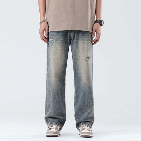 Pantalones Vaqueros de Hombre Azul Retro Rotos de Pierna Ancha Streetwear Coreano Pantalones de Mezclilla Rectos Desgastados