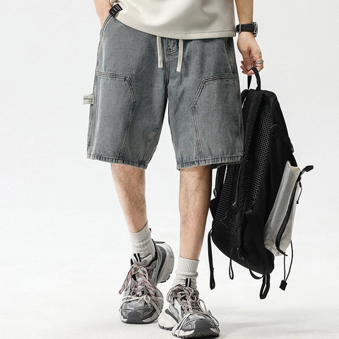 Pantalones Cortos Cargo de Mezclilla Lavada para Hombre Azul Gris Vintage Pierna Recta Cordón Multibolsillos Mezcla Algodón