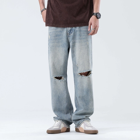 Jeans Déchirés Droits Amples de Style Coréen pour Hommes Pantalons Longs en Denim Bleu Délavé Usé Pantalons Décontractés Streetwear pour Jeunes