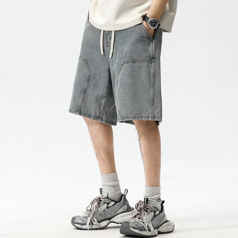 Pantalones Cortos Cargo de Mezclilla Lavada para Hombre Azul Gris Vintage Pierna Recta Cordón Multibolsillos Mezcla Algodón