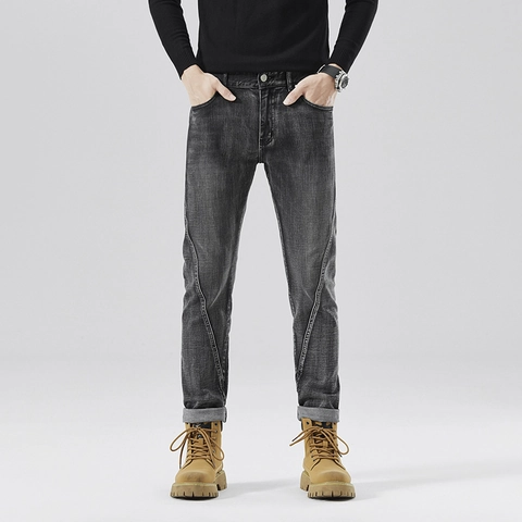 Herren Slim Fit Gewaschene Graue Denim Jeans Mit Einzigartigen Geschwungenen Nähten Casual Streetwear Mode Lange Hose