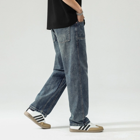 Men's Retro Washed Denim Jeans Loose Fit Straight Wide Leg Pants With Patch Pockets Stitched Seams Casual Streetwear Trousers