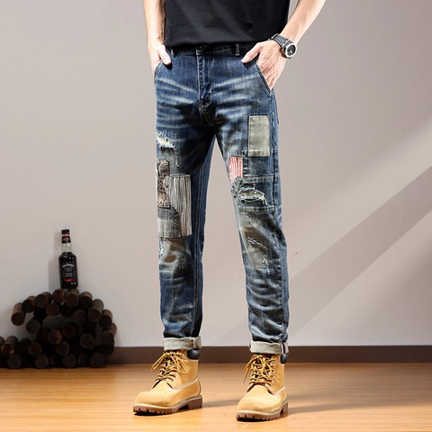 Heren Gewassen Patchwork Jeans Distressed Denim Broek Slim Fit Retro Streetwear Casual Heavy Work Trousers Voor Mannen Mode